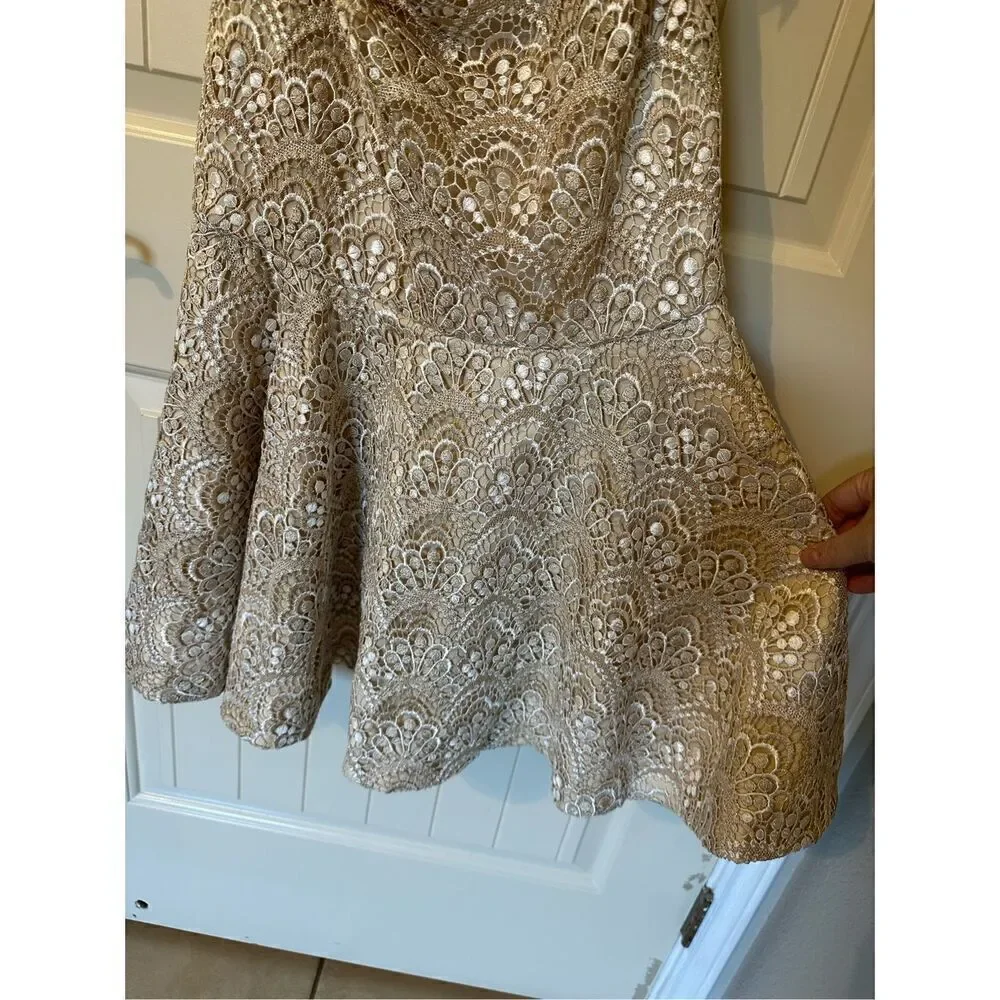 NWT Y2K Badgley Mishcka Strapless Lace Ivory Gold Midi Dress Women Size 6 SC1280